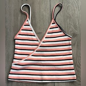 Top Shop Crop V-Neck Tank Spaghetti Strap Womens Size 2 Striped Black White Pink